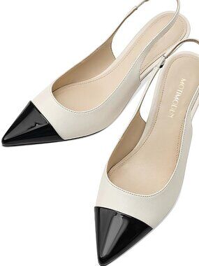 ⚡Women's White Kitten Heel Slingback Pointed Closed Toe Pumps Comfy Dressy Heels